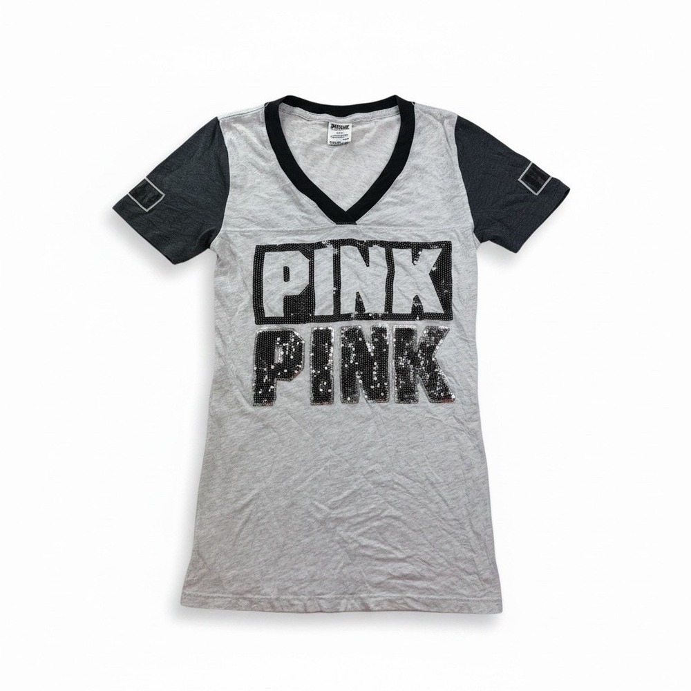 Victoria's Secret PINK Jersey Tee Grey And White Sequins Y2K Size Small VSPINK